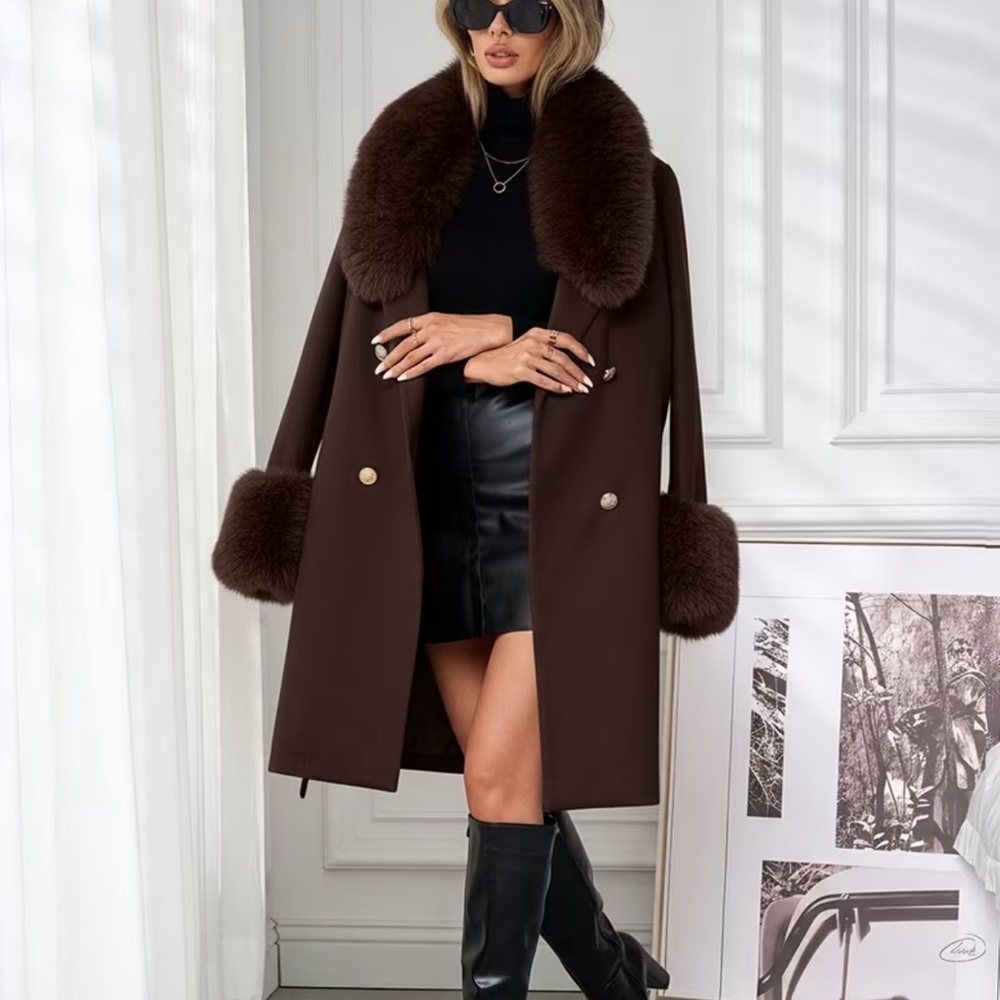 Source Unknown Dark Brown Fur-Trimmed Trench Coat - Picture 3 of 7